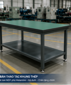 Bàn thao tác nhà xưởng khung thép sơn tĩnh điện do DV.TECH thiết kế và gia công theo yêu cầu. Phù hợp nhà máy, xưởng sản xuất và khu vực lắp ráp.