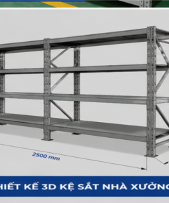 Thiết kế 3D kệ sắt nhà xưởng theo yêu cầu bởi DV.TECH. Bản vẽ kỹ thuật chi tiết giúp tối ưu kết cấu, tải trọng và kích thước trước khi gia công.