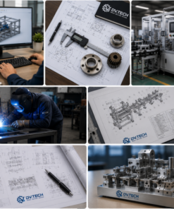 Hình ảnh minh họa dịch vụ thiết kế cơ khí theo yêu cầu của DV.TECH, bao gồm thiết kế 3D, bản vẽ kỹ thuật, thiết kế máy và giải pháp cơ khí công nghiệp.