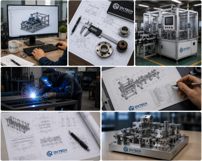 Hình ảnh minh họa dịch vụ thiết kế cơ khí theo yêu cầu của DV.TECH, bao gồm thiết kế 3D, bản vẽ kỹ thuật, thiết kế máy và giải pháp cơ khí công nghiệp.