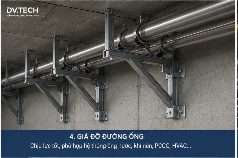 Hình ảnh giá đỡ đường ống công nghiệp do DV.TECH thiết kế và gia công theo yêu cầu. Kết cấu thép chịu lực, phù hợp hệ thống cấp nước, khí nén, PCCC và HVAC trong nhà máy.