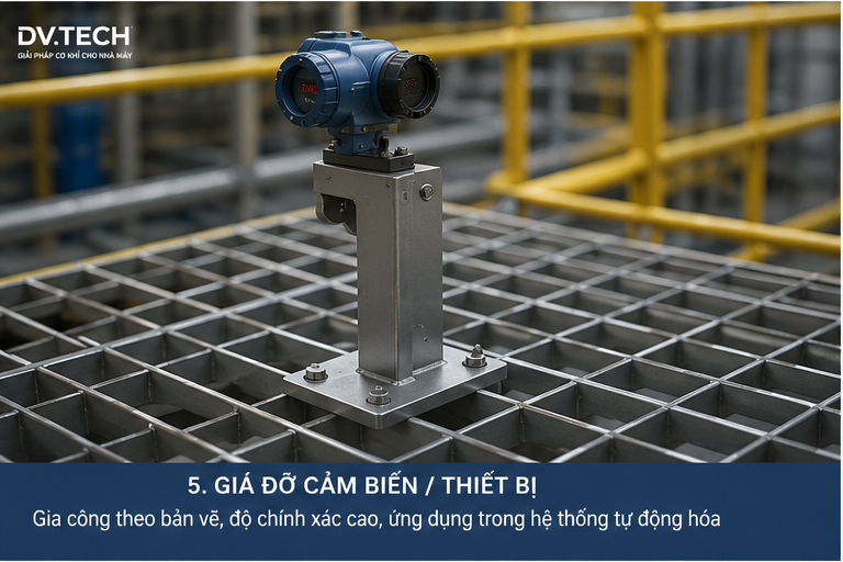 Hình ảnh giá đỡ cảm biến và thiết bị công nghiệp do DV.TECH thiết kế, gia công theo yêu cầu. Kết cấu chắc chắn, độ chính xác cao, phù hợp hệ thống tự động hóa và dây chuyền sản xuất.