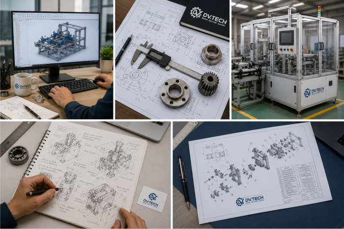 Hình ảnh minh họa dịch vụ thiết kế cơ khí theo yêu cầu của DV.TECH với thiết kế 3D, bản vẽ kỹ thuật và giải pháp cơ khí công nghiệp.