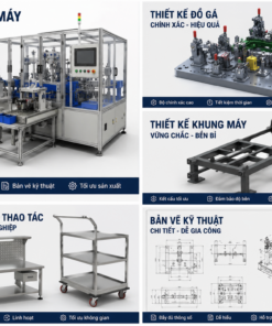 Hình ảnh minh họa dịch vụ thiết kế 3D cơ khí theo yêu cầu của DV.TECH, bao gồm thiết kế máy, đồ gá, khung máy và bản vẽ kỹ thuật.