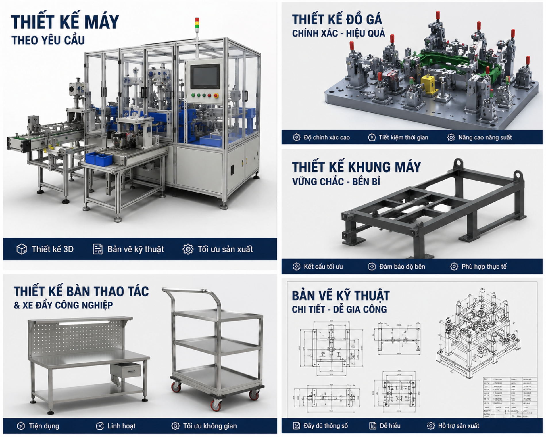 Hình ảnh minh họa dịch vụ thiết kế 3D cơ khí theo yêu cầu của DV.TECH, bao gồm thiết kế máy, đồ gá, khung máy và bản vẽ kỹ thuật.
