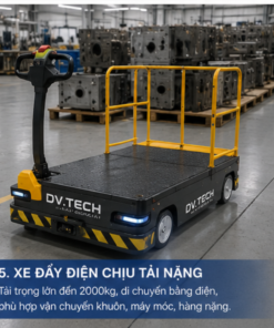 Xe đẩy điện chịu tải nặng dùng trong nhà máy do DV.TECH thiết kế và gia công theo yêu cầu. Phù hợp vận chuyển khuôn, máy móc và hàng hóa tải trọng lớn.