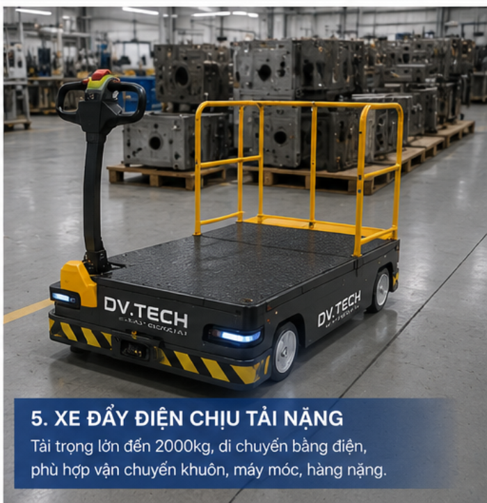 Xe đẩy điện chịu tải nặng dùng trong nhà máy do DV.TECH thiết kế và gia công theo yêu cầu. Phù hợp vận chuyển khuôn, máy móc và hàng hóa tải trọng lớn.