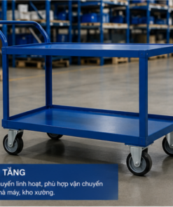 Xe đẩy hàng công nghiệp 2 tầng do DV.TECH thiết kế và gia công theo yêu cầu. Khung thép sơn tĩnh điện, chịu tải cao, phù hợp vận chuyển hàng hóa trong nhà máy.