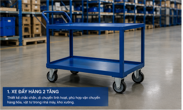Xe đẩy hàng công nghiệp 2 tầng do DV.TECH thiết kế và gia công theo yêu cầu. Khung thép sơn tĩnh điện, chịu tải cao, phù hợp vận chuyển hàng hóa trong nhà máy.