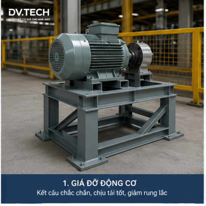 Hình ảnh giá đỡ động cơ công nghiệp do DV.TECH thiết kế và gia công theo yêu cầu. Kết cấu thép chắc chắn, chịu tải cao, phù hợp lắp đặt trong nhà máy và xưởng sản xuất.