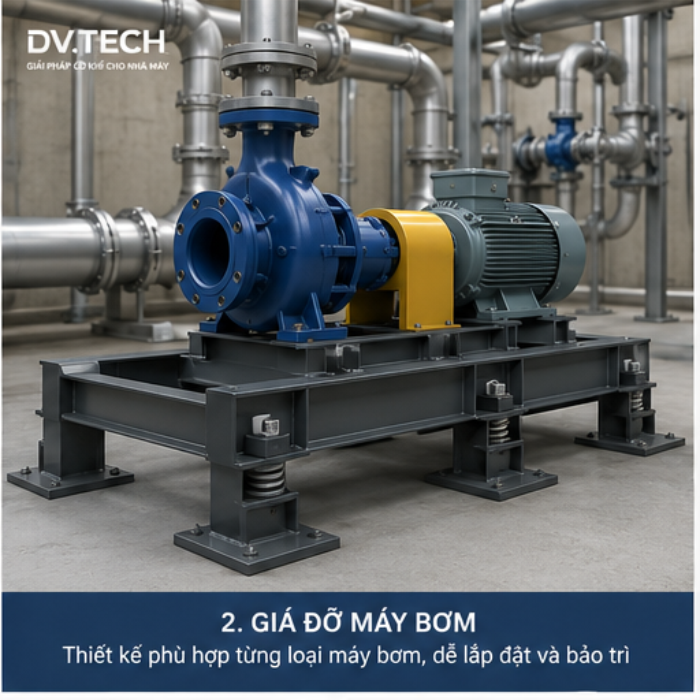 Hình ảnh giá đỡ máy bơm công nghiệp do DV.TECH thiết kế và gia công theo yêu cầu. Kết cấu thép chịu lực, giảm rung, phù hợp lắp đặt trong hệ thống cấp nước và nhà máy.