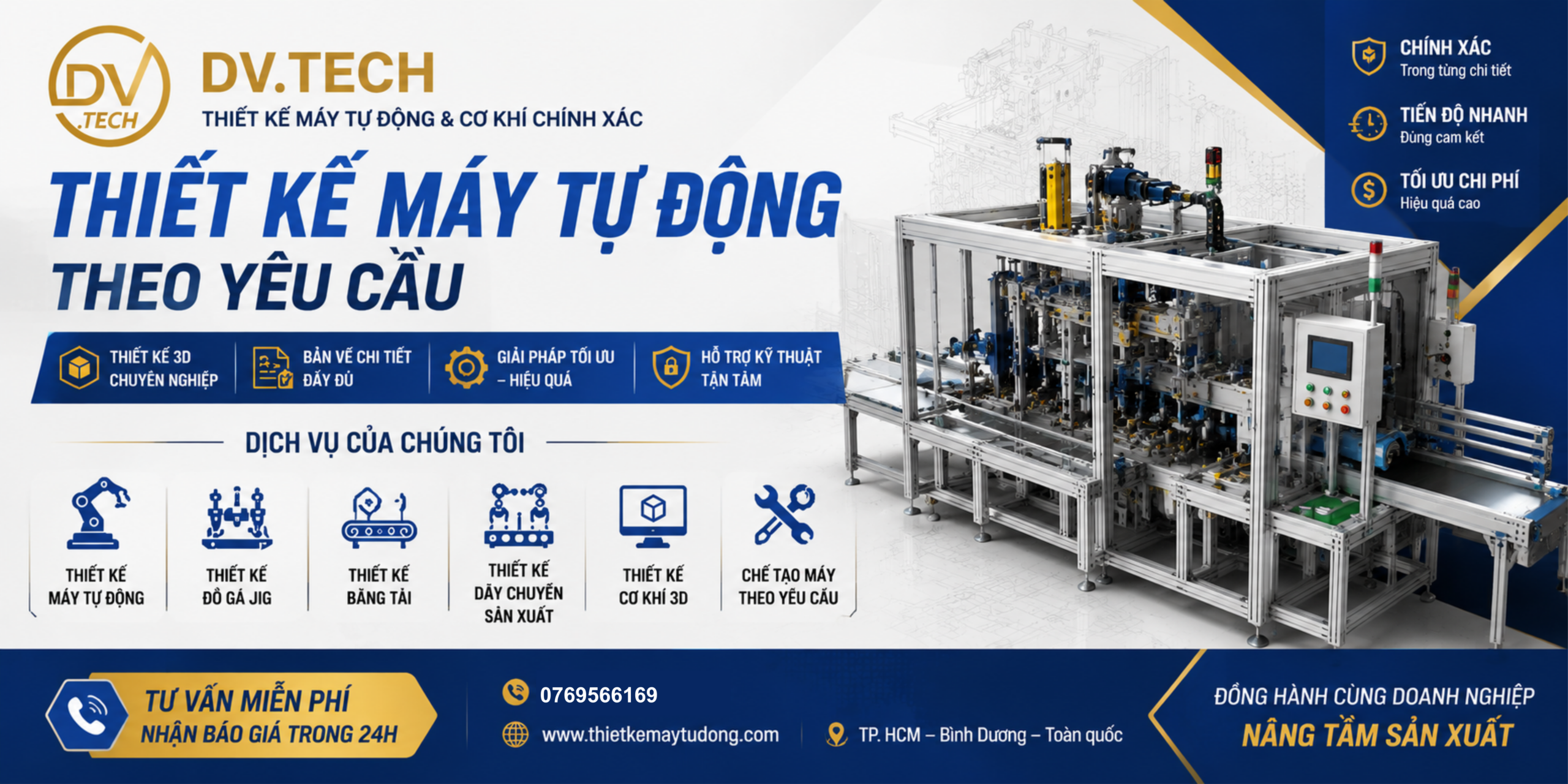 Banner thiết kế máy tự động theo yêu cầu DV.TECH chuyên thiết kế cơ khí 3D, thiết kế dây chuyền sản xuất, đồ gá Jig, băng tải và chế tạo máy tự động.